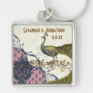 Vintage Peacock Navy Raspberry Damask Key Chain