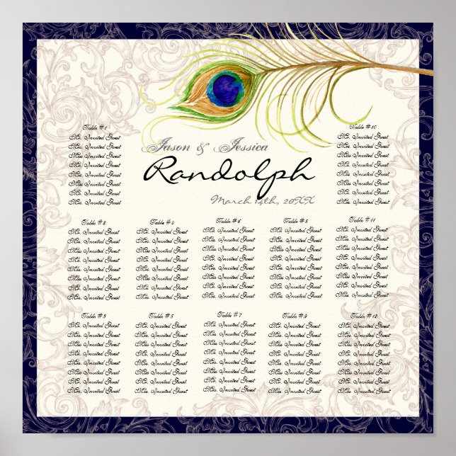 Vintage Peacock Navy Reception Table Seating Chart (Front)