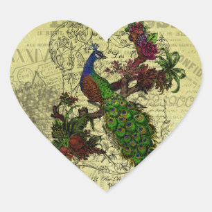 Vintage Peacock on Branch Apparel and Gifts Heart Sticker