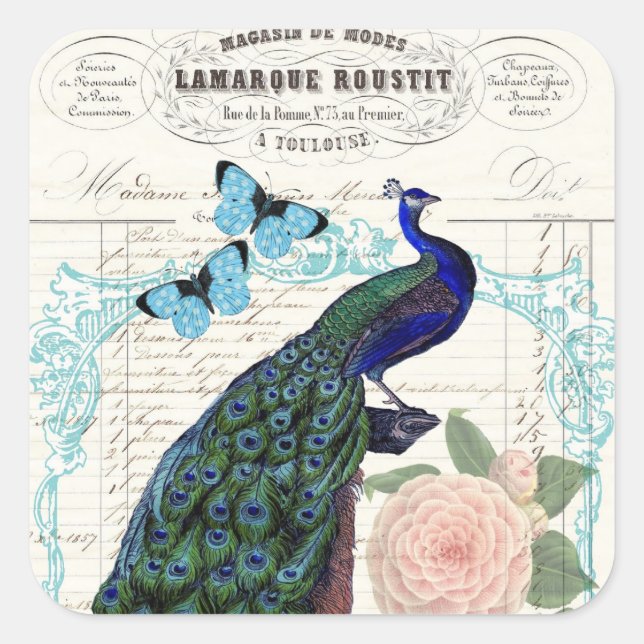 Vintage Peacock on French Ephemera Collage Square Sticker (Front)