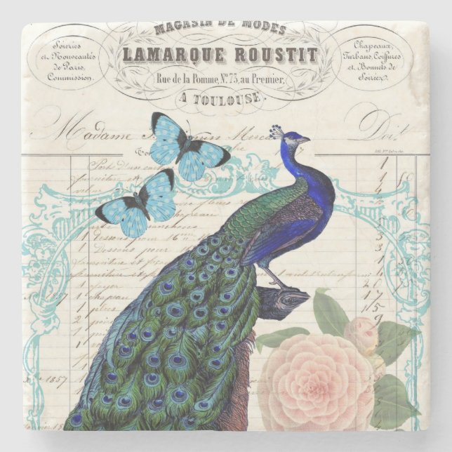 Vintage Peacock on French Ephemera Collage Stone Coaster (Front)