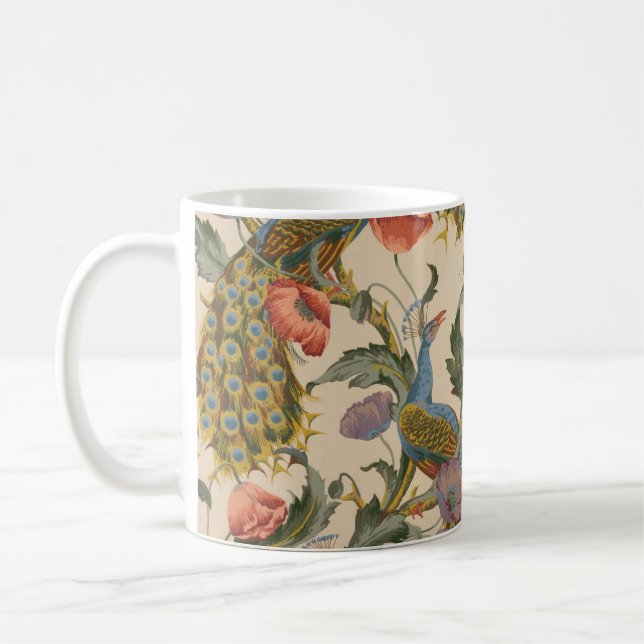 Vintage Peacock Pattern Colourful Art Coffee Mug (Left)