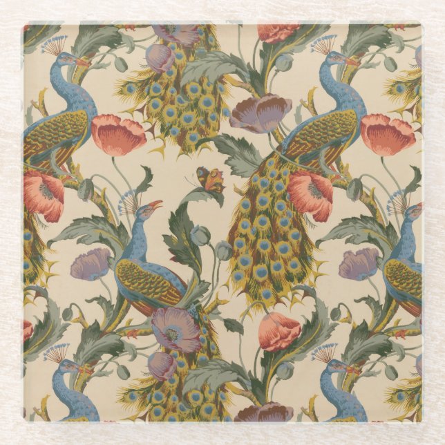Vintage Peacock Pattern Colourful Art Glass Coaster (Front)