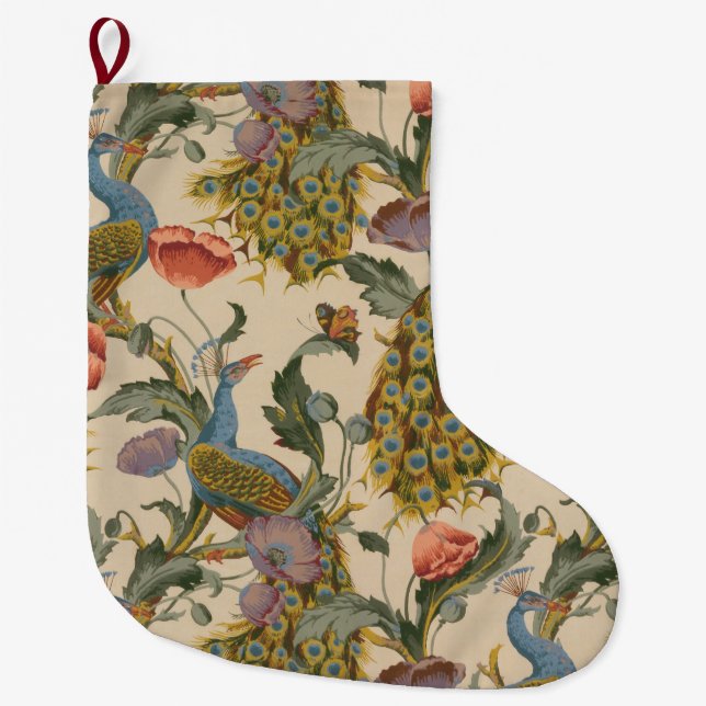 Vintage Peacock Pattern Colourful Art Large Christmas Stocking (Front)