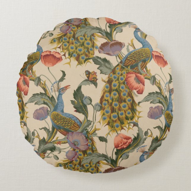 Vintage Peacock Pattern Colourful Art Round Pillow (Front)