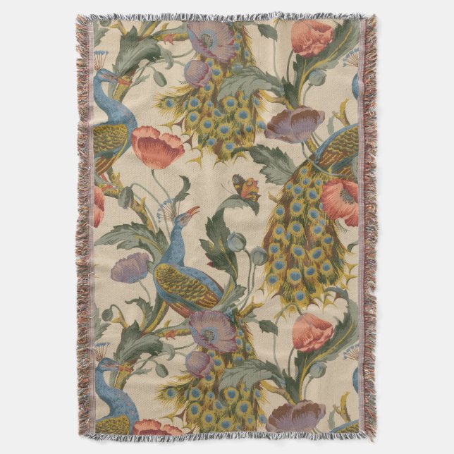 Vintage Peacock Pattern Colourful Art Throw Blanket (Front Vertical)