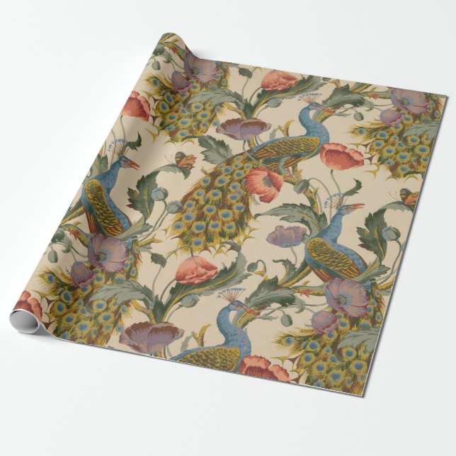 Vintage Peacock Pattern Colourful Art Wrapping Paper (Unrolled)