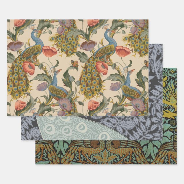 Vintage Peacock Pattern Colourful Art Wrapping Paper Sheet (Set)