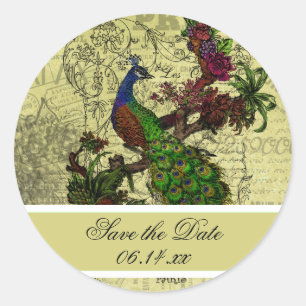 Vintage Peacock Save the Date Round Stickers