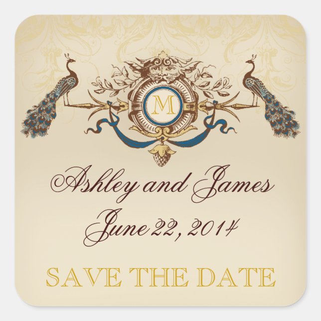 Vintage Peacock Save the Date Stickers (Front)
