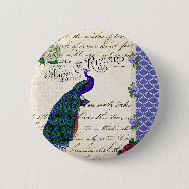 Vintage Peacock Song Collage 2 Inch Round Button (Front)