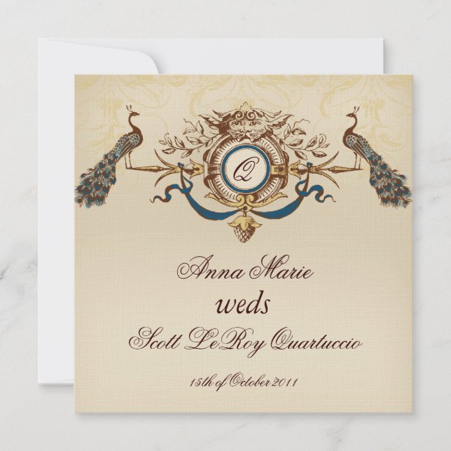 Vintage Peacock Square Wedding Invitation Linen #5 (Front)
