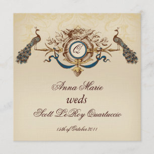 Vintage Peacock Square Wedding Invitation Linen #6