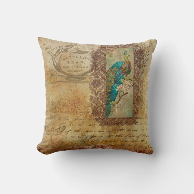 Vintage Peacock Throw Pillow (Front)