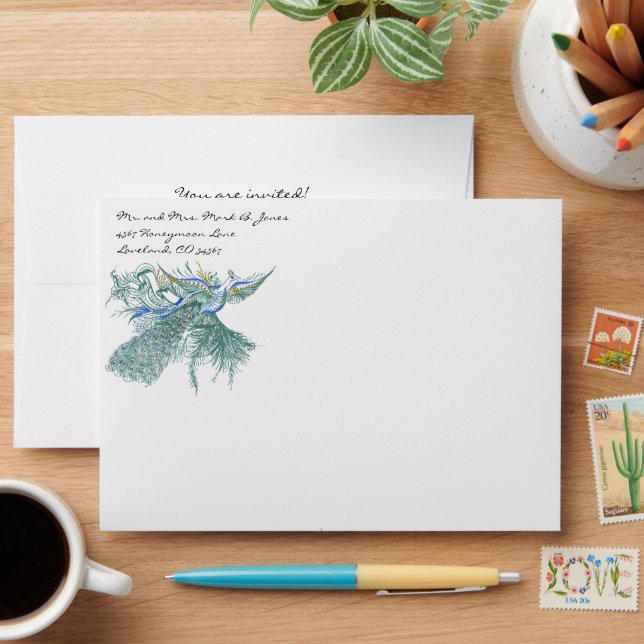 Vintage  Peacock Wedding Envelopes (Desk)