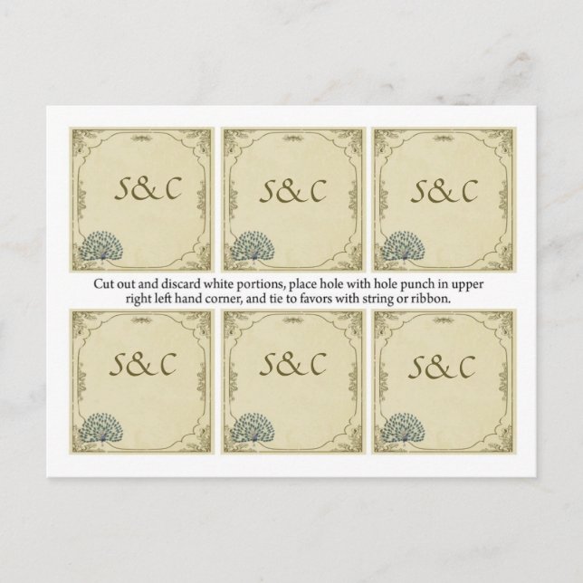 Vintage Peacock Wedding Favour Tags Postcard (Front)