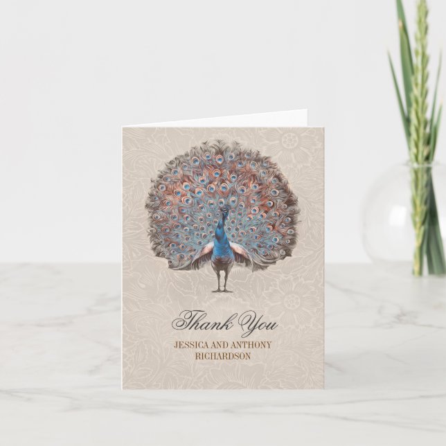 vintage peacock wedding thank you cards (Front)