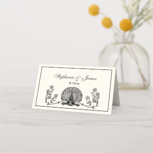 Vintage Peacock with Flowers Ivory BG Place Card