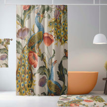 Vintage Peacock with Pink and Purple Poppies