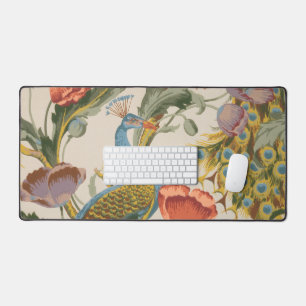 Vintage Peacock with Pink and Purple Poppies  Desk Mat