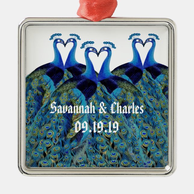 Vintage Peacocks Kissing Wedding Gifts Metal Ornament (Front)
