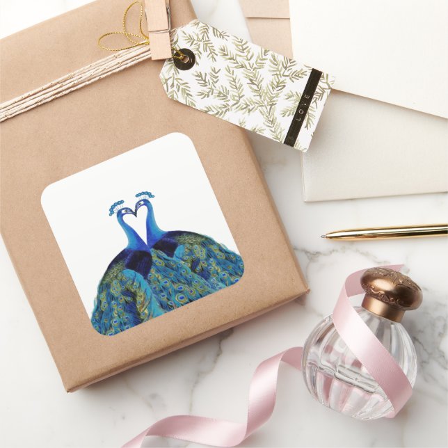 Vintage Peacocks Kissing Wedding Gifts Square Sticker (Gifting)