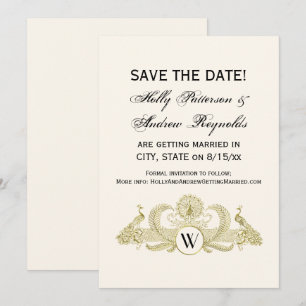 Vintage Peacocks Monogram Faux Gold Ivory BG Invitation
