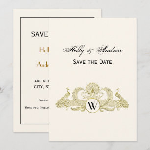 Vintage Peacocks Monogram Faux Gold Ivory BG Invitation