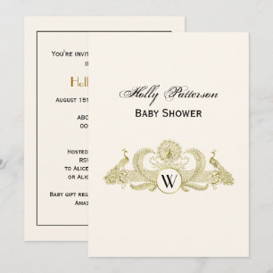 Vintage Peacocks Monogram Faux Gold Ivory BG Invitation