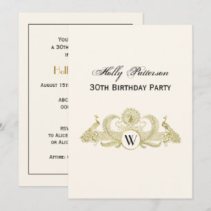Vintage Peacocks Monogram Faux Gold Ivory BG Invitation