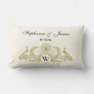 Vintage Peacocks Monogram Faux Gold Ivory BG Lumbar Pillow