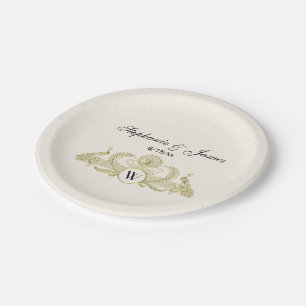 Vintage Peacocks Monogram Faux Gold Ivory BG Paper Plate