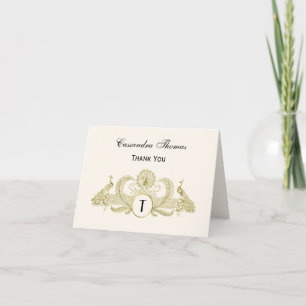 Vintage Peacocks Monogram Faux Gold Ivory BG Thank You Card