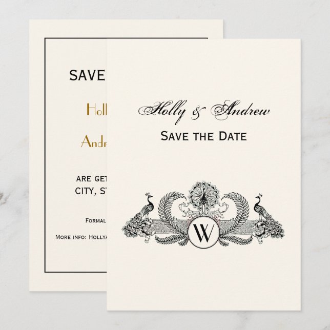 Vintage Peacocks Monogram Ivory BG Invitation (Front/Back)