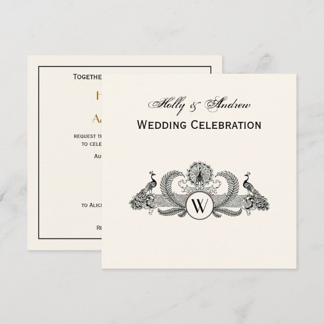 Vintage Peacocks Monogram Ivory BG Invitation (Front/Back)
