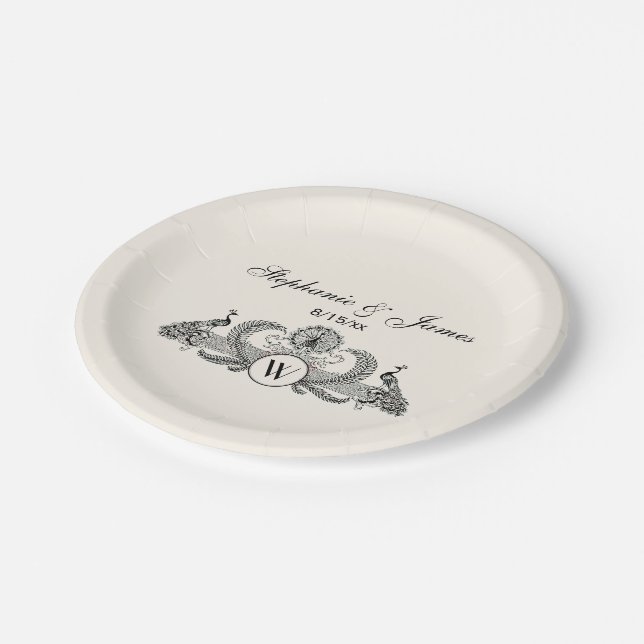Vintage Peacocks Monogram Ivory BG Paper Plate (Angled)