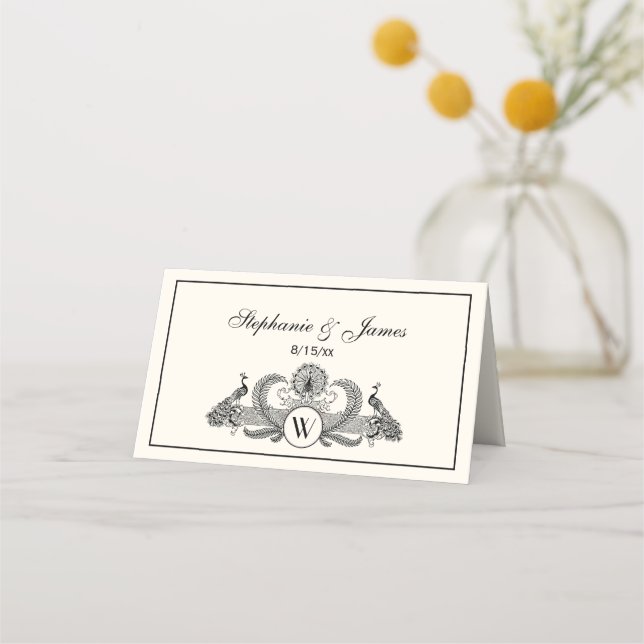 Vintage Peacocks Monogram Ivory BG Place Card (Front)