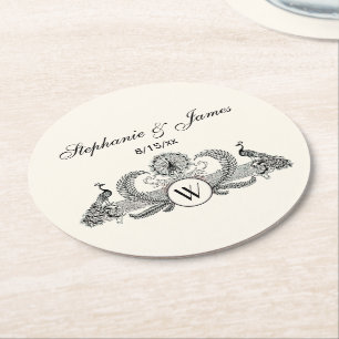 Vintage Peacocks Monogram Ivory BG Round Paper Coaster