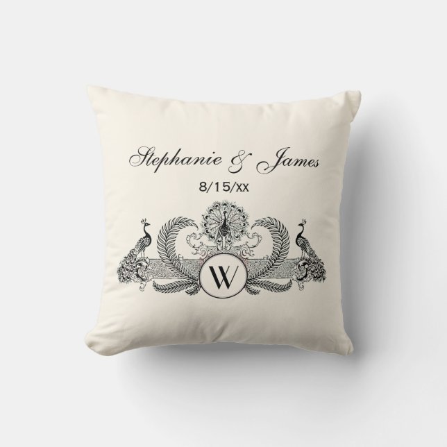 Vintage Peacocks Monogram Ivory BG Throw Pillow (Front)