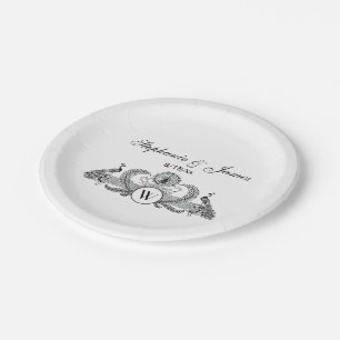 Vintage Peacocks Monogram Paper Plate