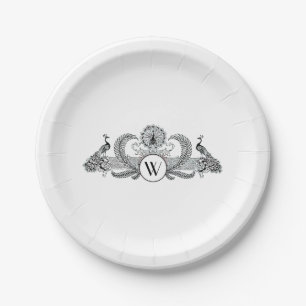 Vintage Peacocks Monogram Paper Plate