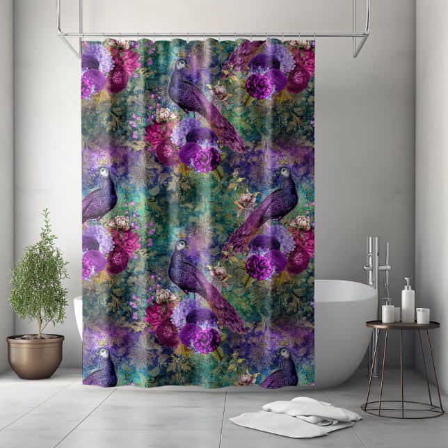 Vintage Peacocks Purple Green Teal Elegant (Elegant purple and green peacock shower curtain)