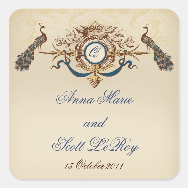 Vintage Peacocks Wedding Favour Stickers Names (Front)