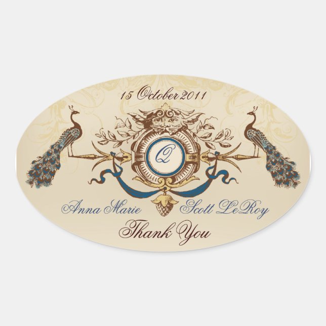 Vintage Peacocks Wedding Favour Stickers Oval (Front)
