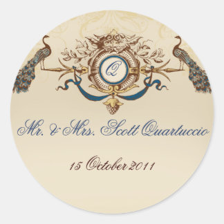 Vintage Peacocks Wedding Favour Stickers Round b