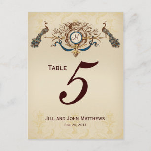 Vintage Peacocks Wedding Table Number Card