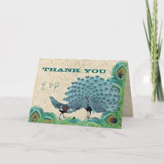 Vintage  Peacocks Wedding Thank You Card (Front)