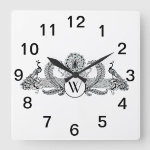 Vintage Peacocks with Monogram Square Wall Clock