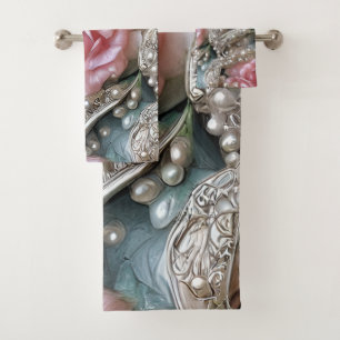 Vintage Pearls and Pink Roses Pattern  Bath Towel Set