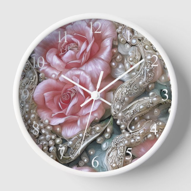Vintage Pearls and Pink Roses Pattern  Clock (Front)